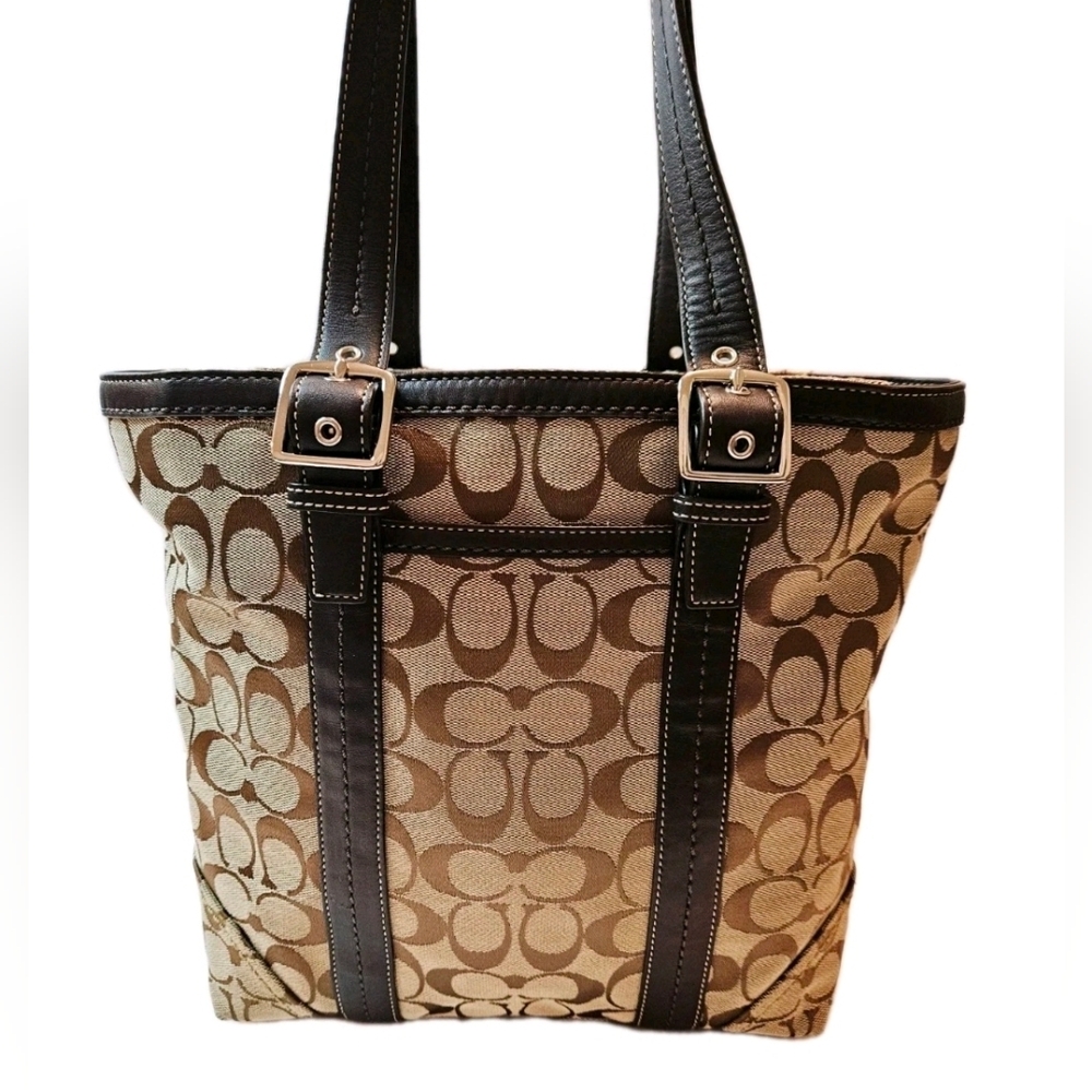 Coach Jaqcuered Medium Tote Brown Handbag F12645 EUC - Picture 2 of 16